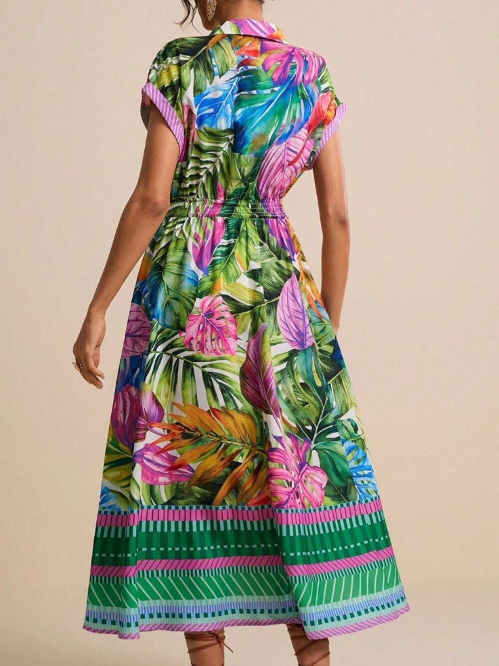 Green Boho Women's Collared Short Sleeve A-Line Dress with Drawstring Waist - Picture 2 of 6